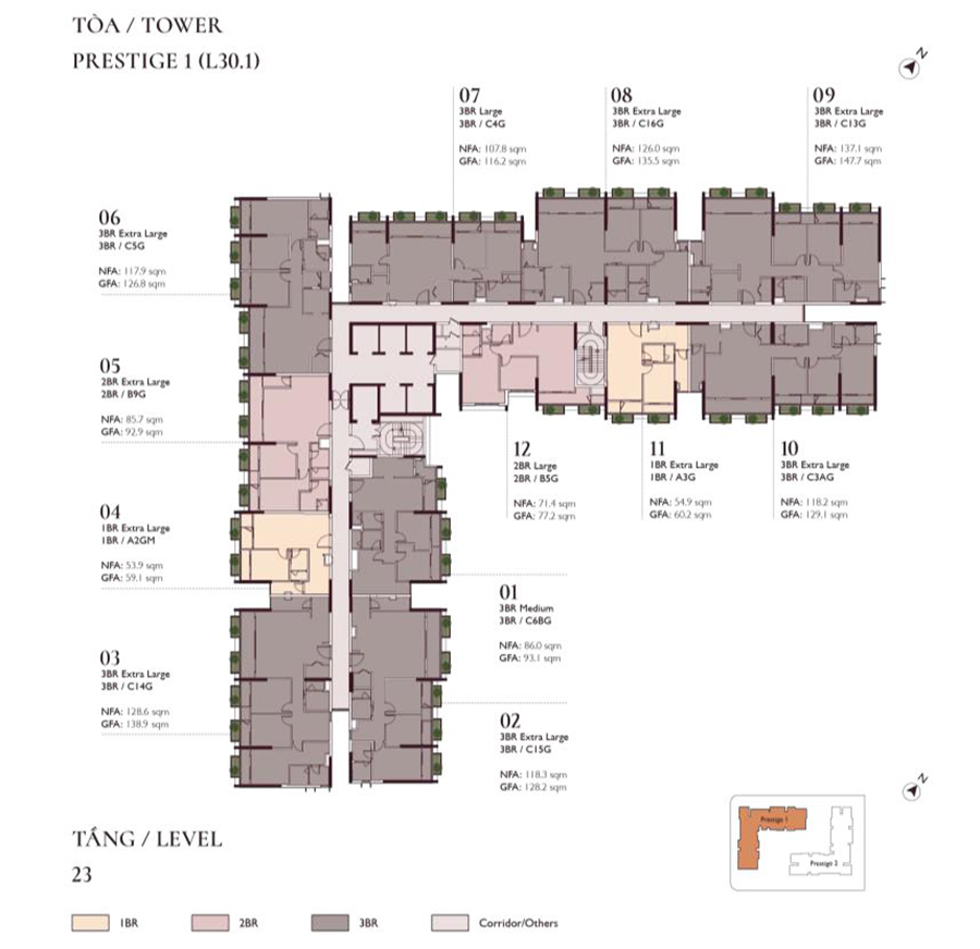 Layout tầng 23 với ban công vườn hoa tại Lumi Prestige